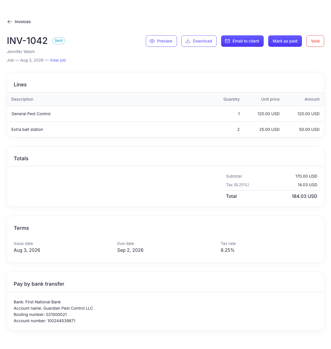 A PestPaid invoice with line items, totals, and a pay-by-bank-transfer block.