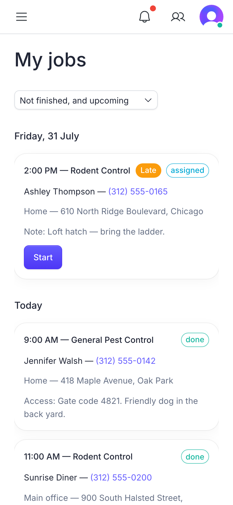 The PestPaid technician view on a phone, showing the day's jobs with address and access notes.